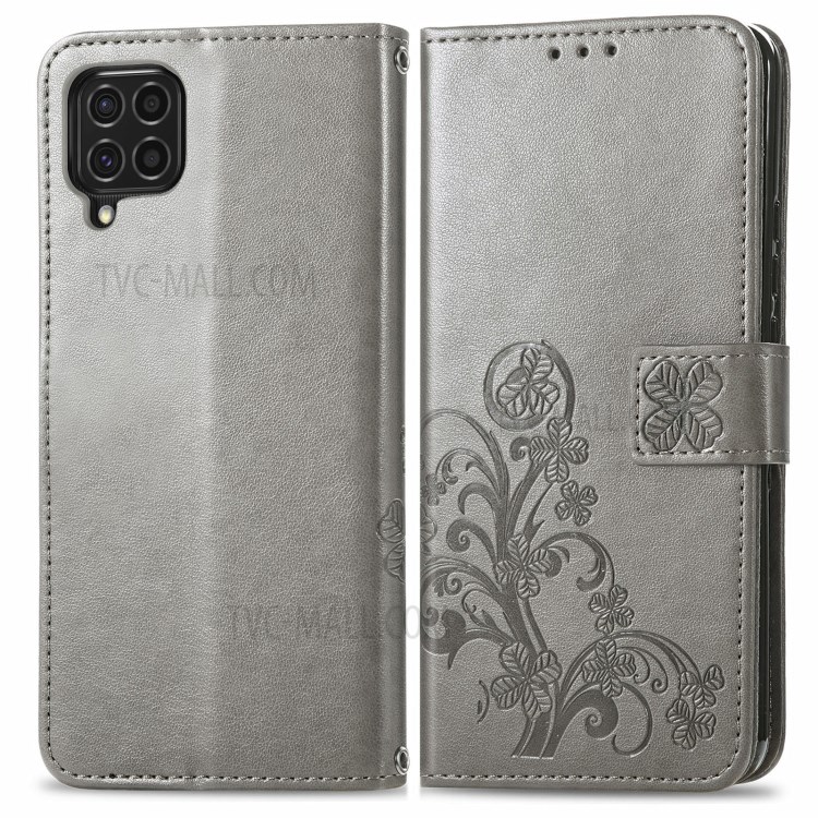 Wallet Design Clover Pattern Imprinting Leather Case with Stand for Samsung Galaxy F62/M62 - Grey-1