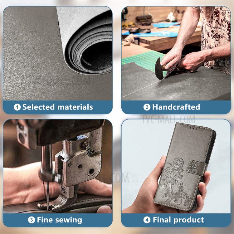 Wallet Design Clover Pattern Imprinting Leather Case with Stand for Samsung Galaxy F62/M62 - Grey-10