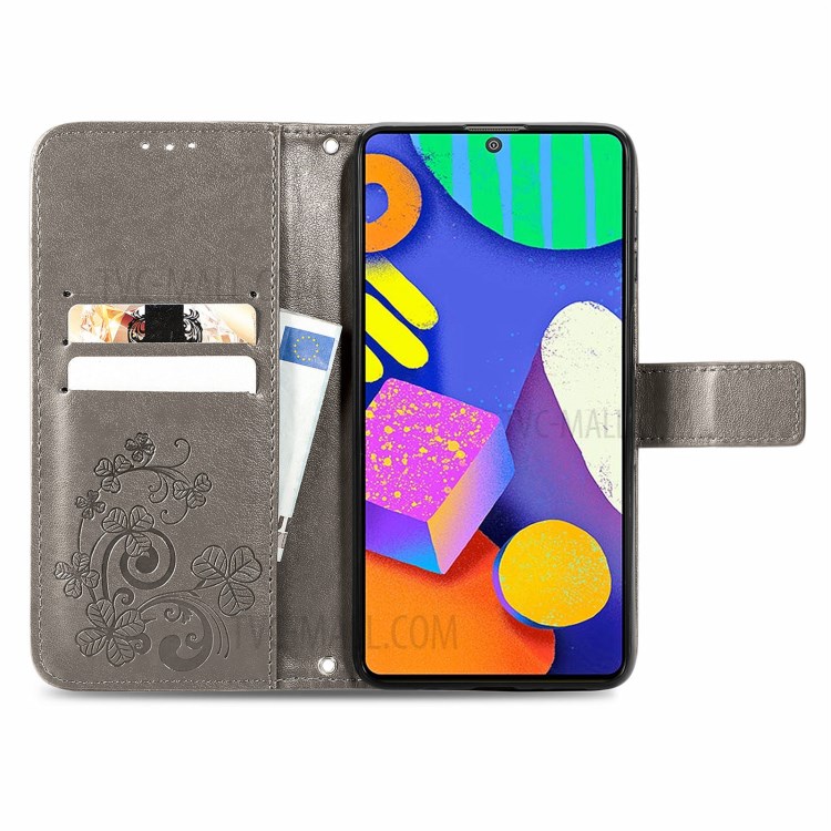 Wallet Design Clover Pattern Imprinting Leather Case with Stand for Samsung Galaxy F62/M62 - Grey-12