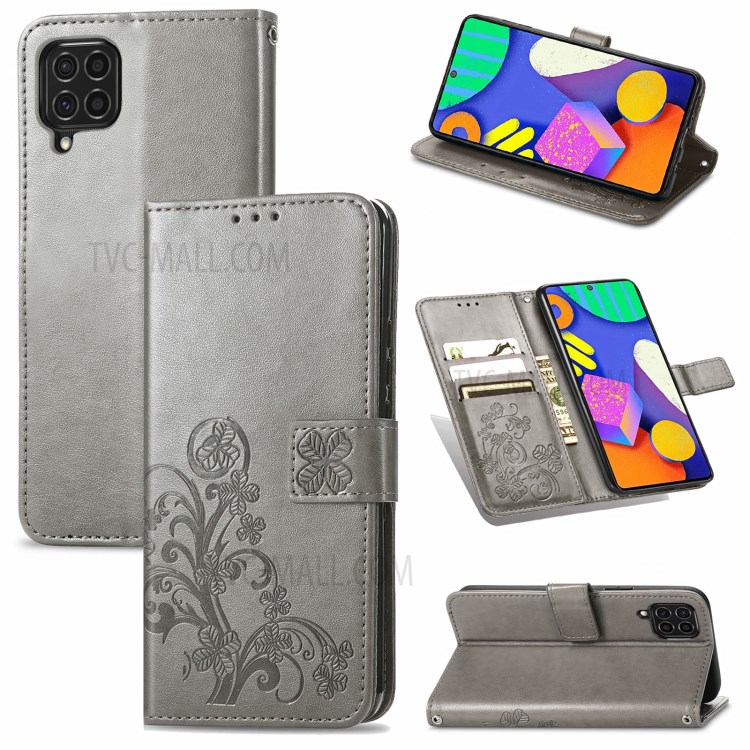 Wallet Design Clover Pattern Imprinting Leather Case with Stand for Samsung Galaxy F62/M62 - Grey-13