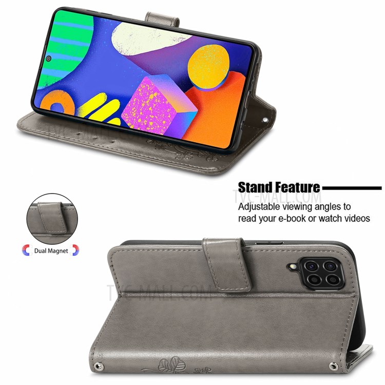 Wallet Design Clover Pattern Imprinting Leather Case with Stand for Samsung Galaxy F62/M62 - Grey-2