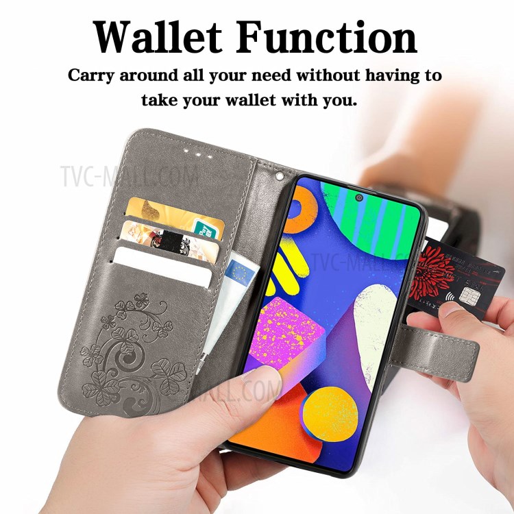 Wallet Design Clover Pattern Imprinting Leather Case with Stand for Samsung Galaxy F62/M62 - Grey-4