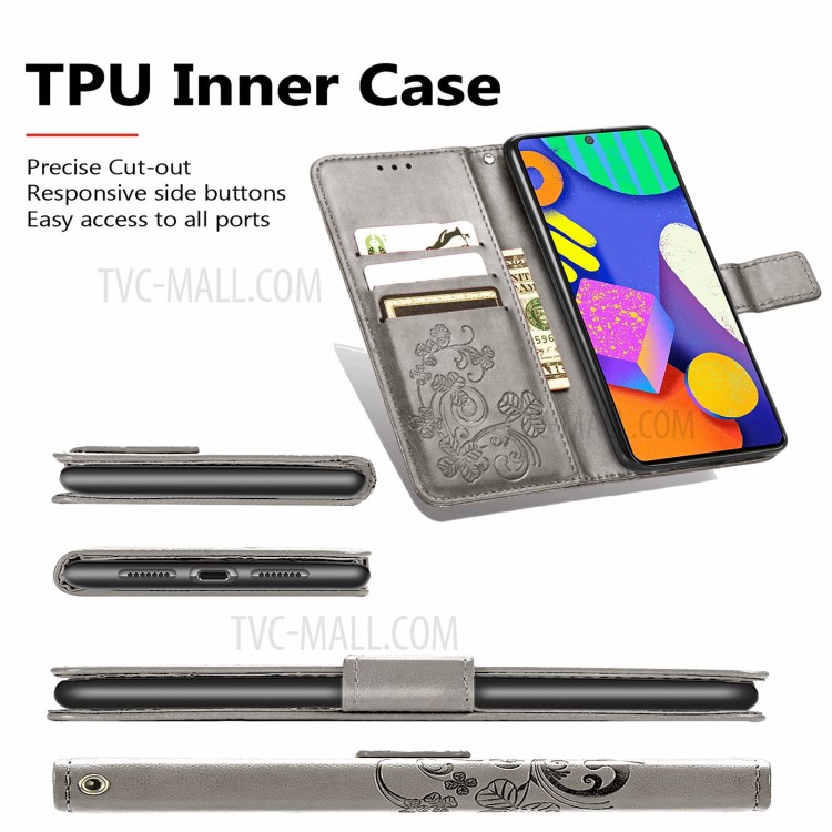 Wallet Design Clover Pattern Imprinting Leather Case with Stand for Samsung Galaxy F62/M62 - Grey-5