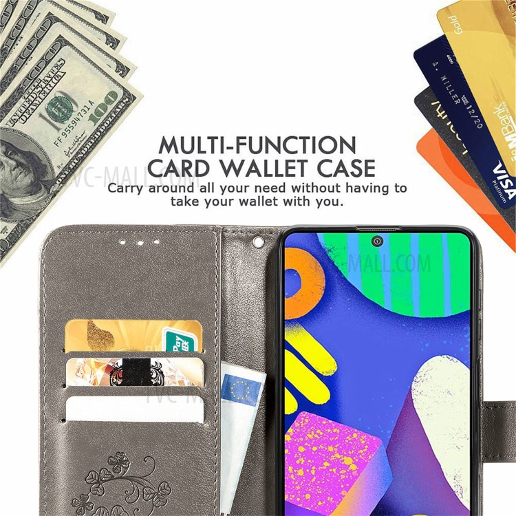 Wallet Design Clover Pattern Imprinting Leather Case with Stand for Samsung Galaxy F62/M62 - Grey-7