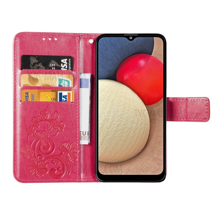 Clover Pattern Imprinting Leather Case with Wallet Stand Design for Samsung Galaxy A02s (164.2x75.9x9.1mm) (EU Version) - Red-12