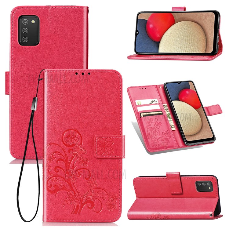 Clover Pattern Imprinting Leather Case with Wallet Stand Design for Samsung Galaxy A02s (164.2x75.9x9.1mm) (EU Version) - Red-14