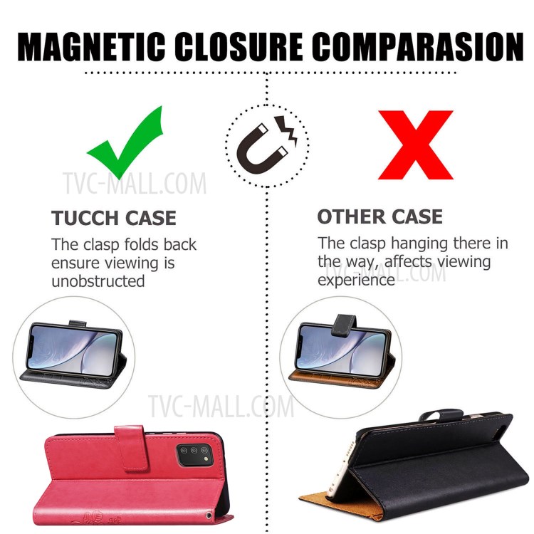 Clover Pattern Imprinting Leather Case with Wallet Stand Design for Samsung Galaxy A02s (164.2x75.9x9.1mm) (EU Version) - Red-4