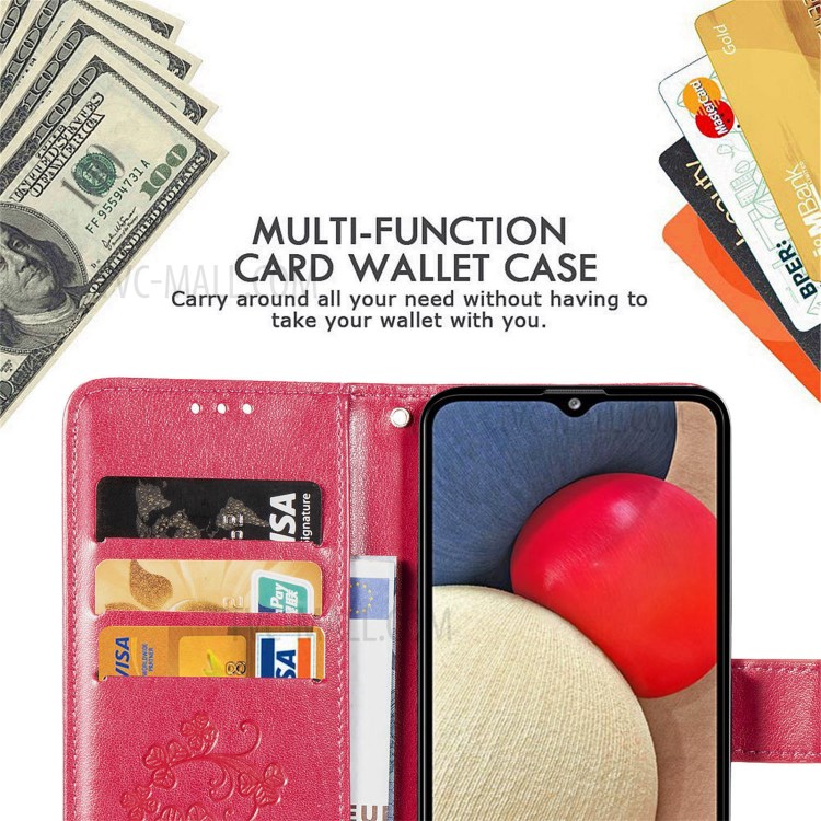 Clover Pattern Imprinting Leather Case with Wallet Stand Design for Samsung Galaxy A02s (164.2x75.9x9.1mm) (EU Version) - Red-5