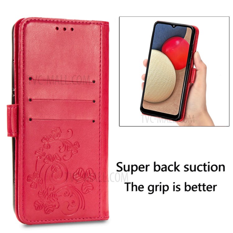 Clover Pattern Imprinting Leather Case with Wallet Stand Design for Samsung Galaxy A02s (164.2x75.9x9.1mm) (EU Version) - Red-6