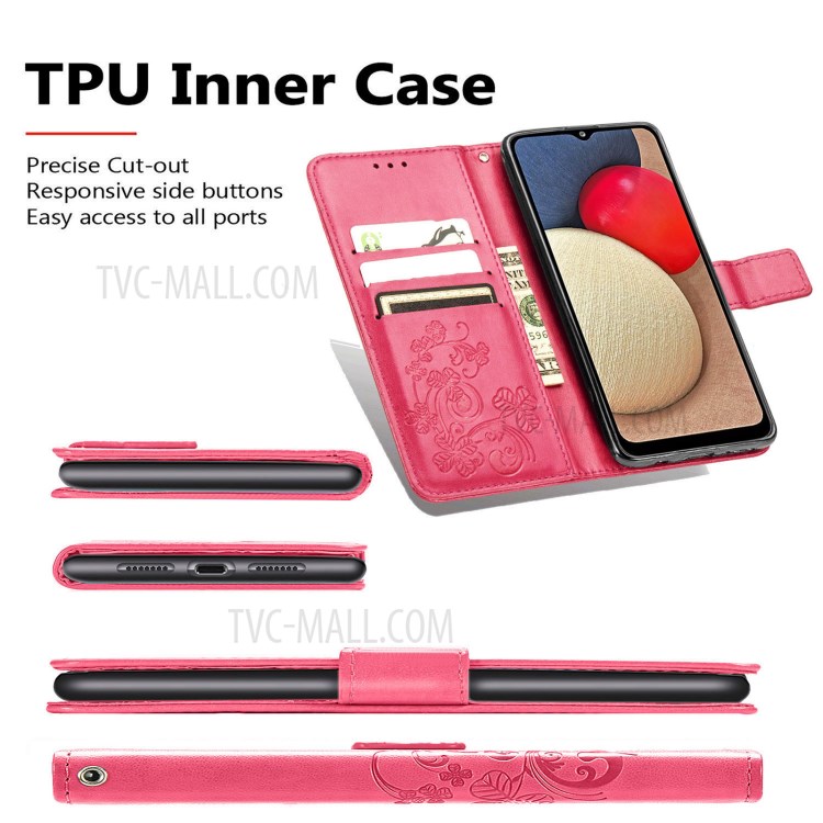 Clover Pattern Imprinting Leather Case with Wallet Stand Design for Samsung Galaxy A02s (164.2x75.9x9.1mm) (EU Version) - Red-7