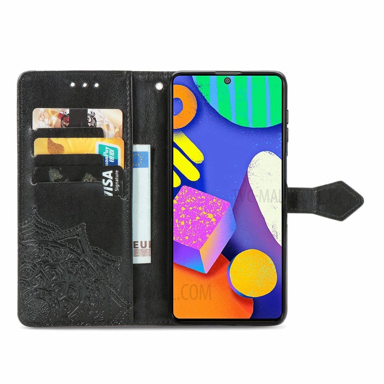 Mandala Flower Embossment PU Leather Full Protection Case with Wallet Stand Design for Samsung Galaxy F62/M62 - Black-11