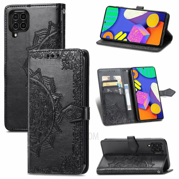 Mandala Flower Embossment PU Leather Full Protection Case with Wallet Stand Design for Samsung Galaxy F62/M62 - Black-12