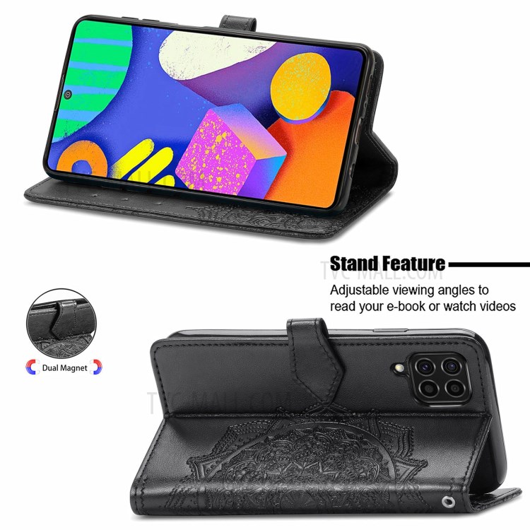 Mandala Flower Embossment PU Leather Full Protection Case with Wallet Stand Design for Samsung Galaxy F62/M62 - Black-3