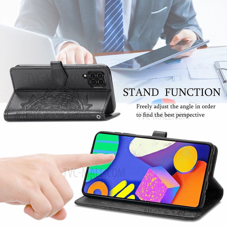 Mandala Flower Embossment PU Leather Full Protection Case with Wallet Stand Design for Samsung Galaxy F62/M62 - Black-5