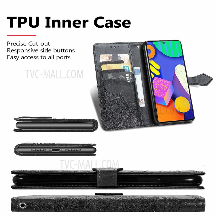 Mandala Flower Embossment PU Leather Full Protection Case with Wallet Stand Design for Samsung Galaxy F62/M62 - Black-6