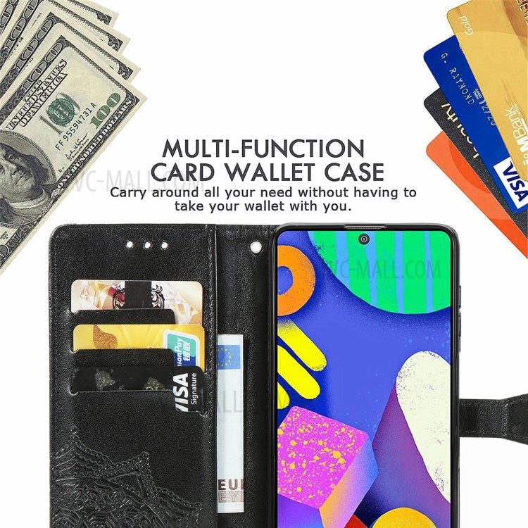 Mandala Flower Embossment PU Leather Full Protection Case with Wallet Stand Design for Samsung Galaxy F62/M62 - Black-9