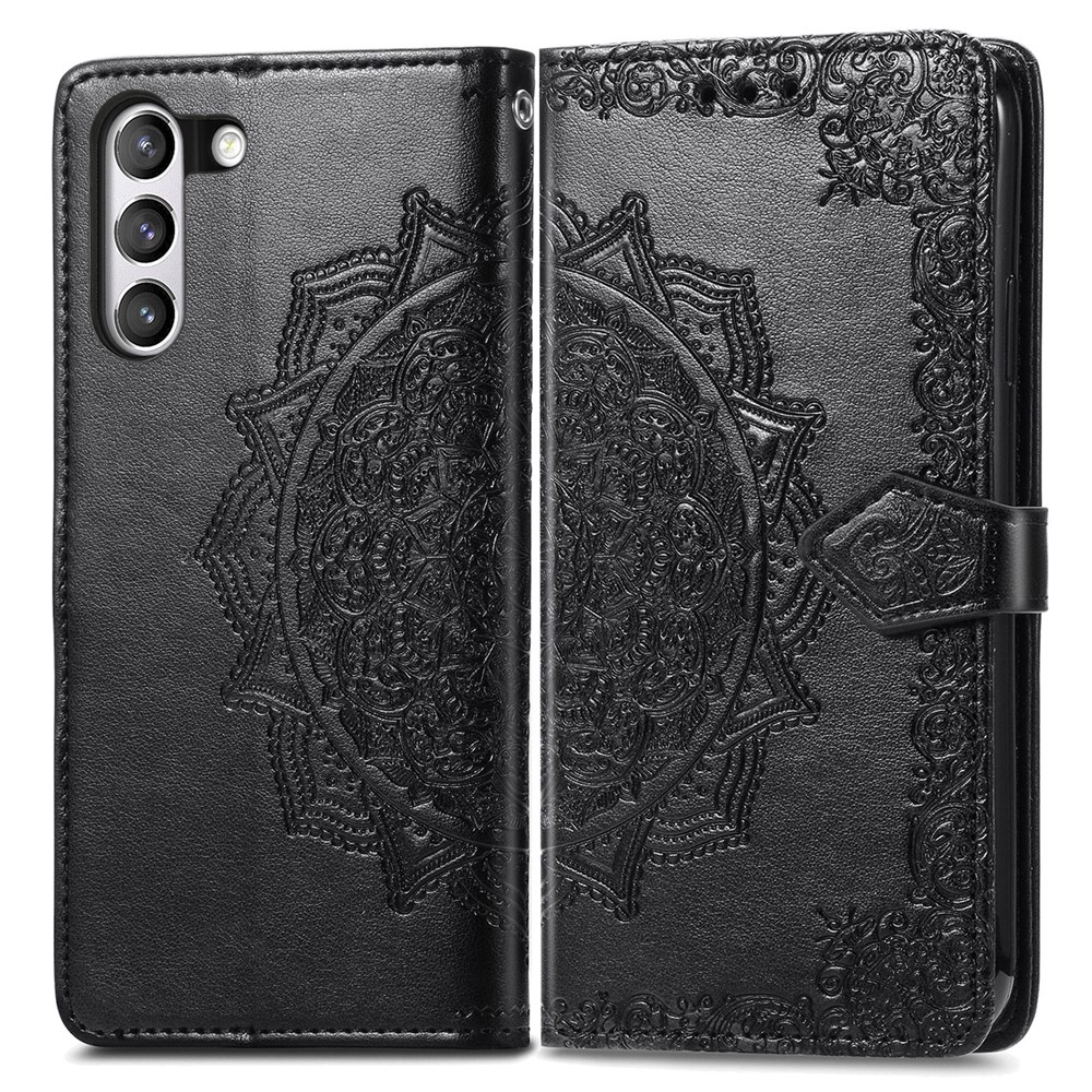 Full Coverage Mandala Flower Embossment PU Leather Case with Wallet Stand Design for Samsung Galaxy S21 FE - Black-1