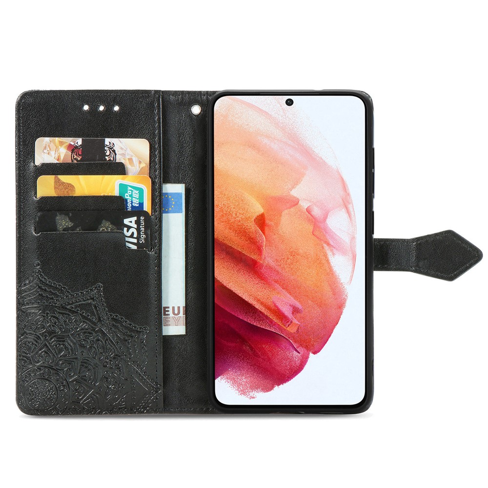 Full Coverage Mandala Flower Embossment PU Leather Case with Wallet Stand Design for Samsung Galaxy S21 FE - Black-11