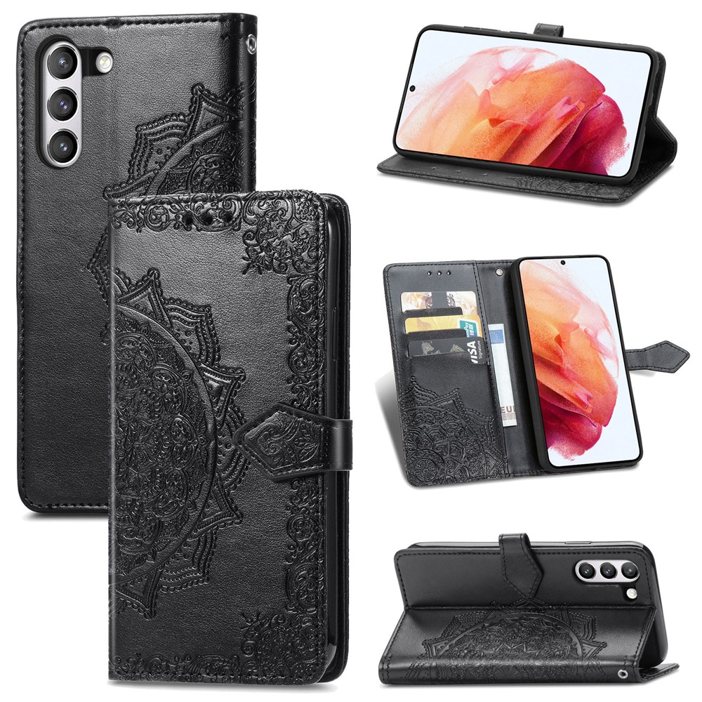 Full Coverage Mandala Flower Embossment PU Leather Case with Wallet Stand Design for Samsung Galaxy S21 FE - Black-12