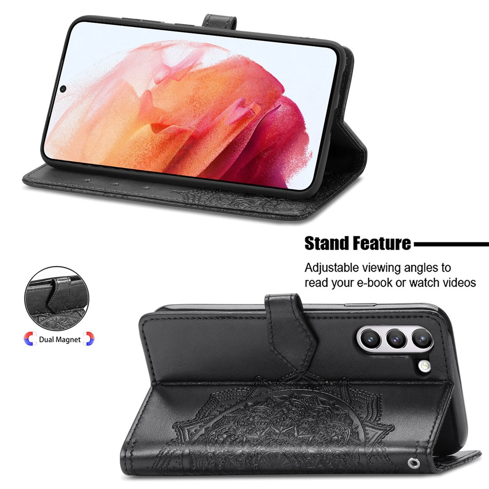 Full Coverage Mandala Flower Embossment PU Leather Case with Wallet Stand Design for Samsung Galaxy S21 FE - Black-3