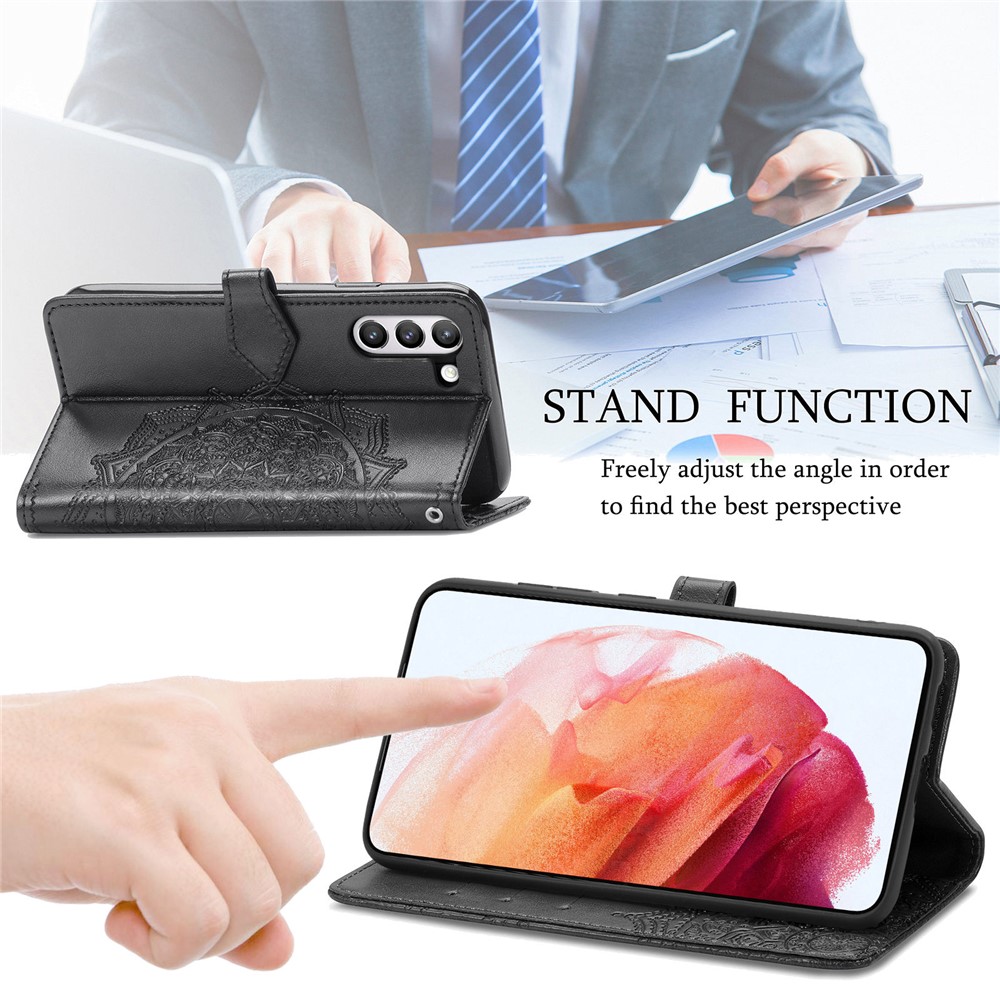 Full Coverage Mandala Flower Embossment PU Leather Case with Wallet Stand Design for Samsung Galaxy S21 FE - Black-5