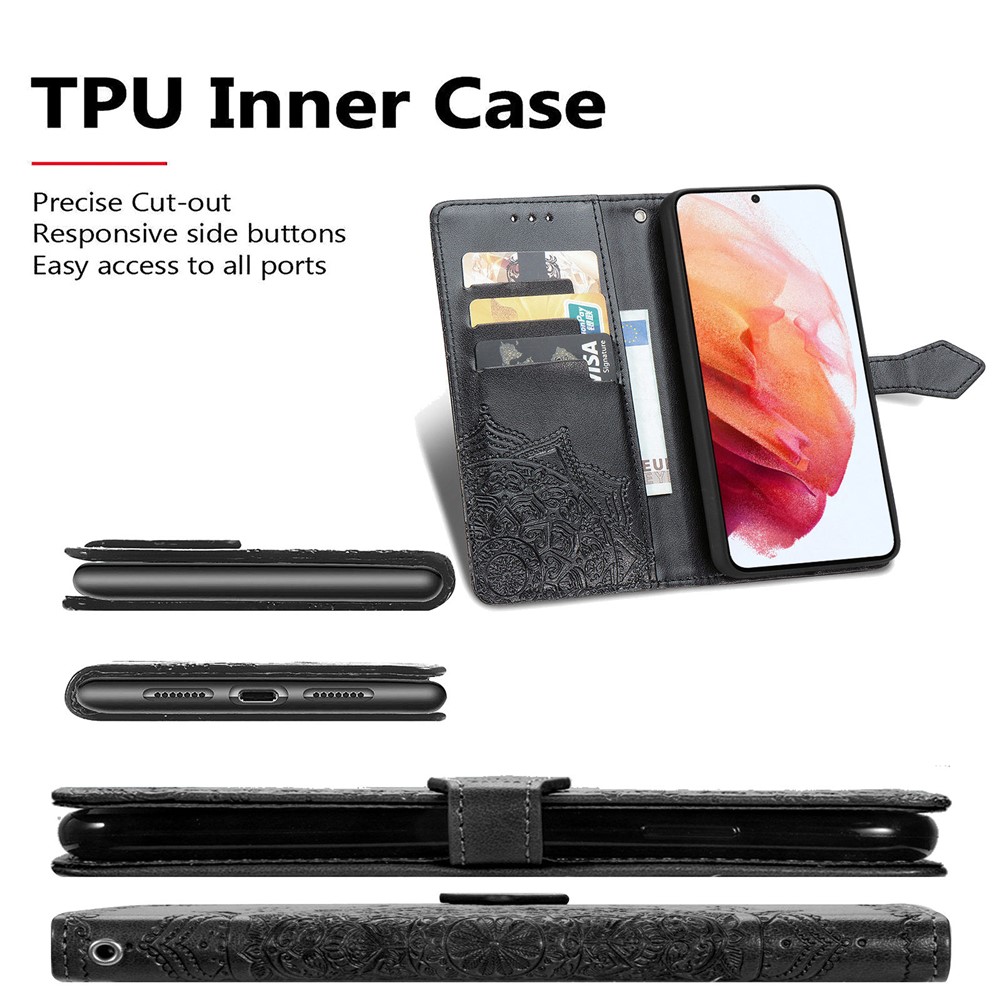 Full Coverage Mandala Flower Embossment PU Leather Case with Wallet Stand Design for Samsung Galaxy S21 FE - Black-6