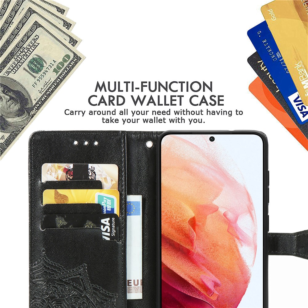 Full Coverage Mandala Flower Embossment PU Leather Case with Wallet Stand Design for Samsung Galaxy S21 FE - Black-9