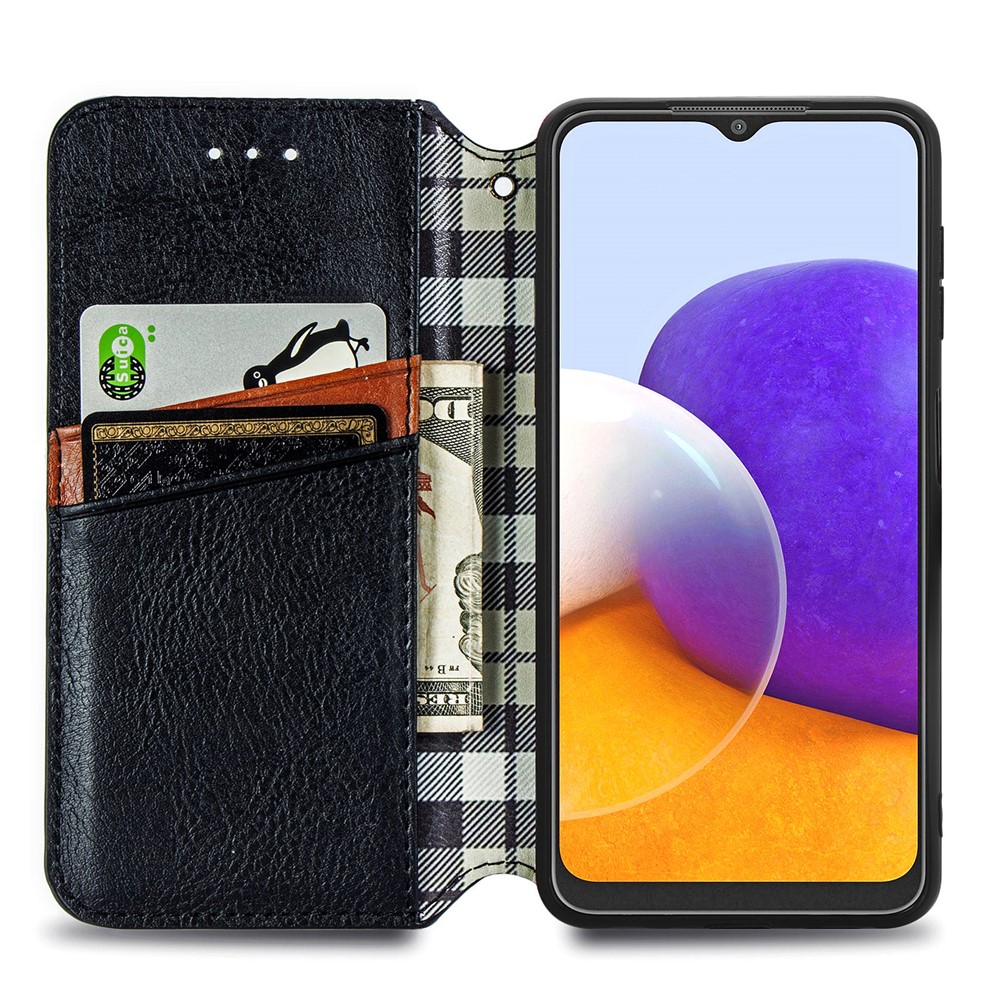 Auto-Absorbed Rhombus Imprinting Leather Phone Cover Case for Samsung Galaxy A22 4G (EU Version) - Black-11