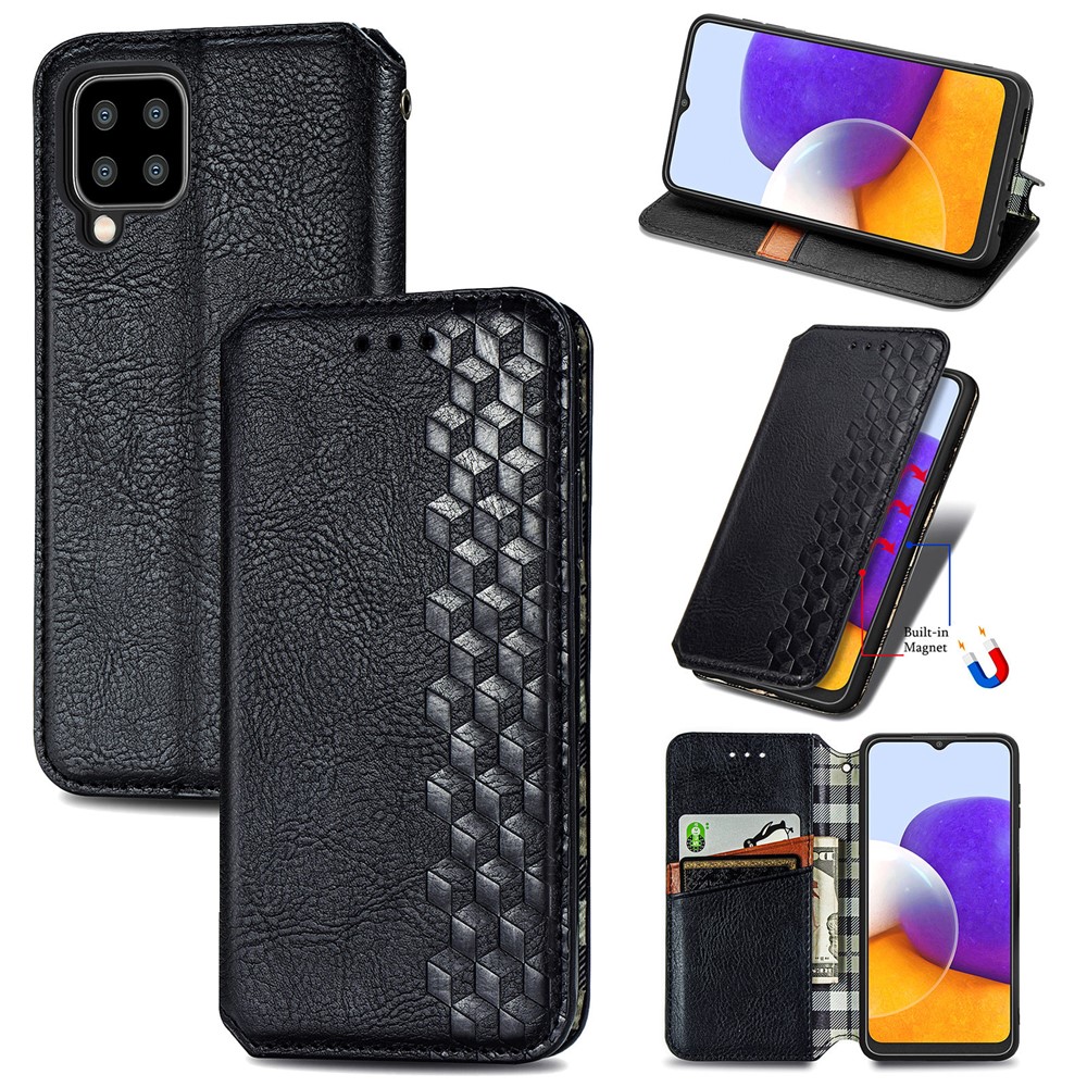 Auto-Absorbed Rhombus Imprinting Leather Phone Cover Case for Samsung Galaxy A22 4G (EU Version) - Black-13