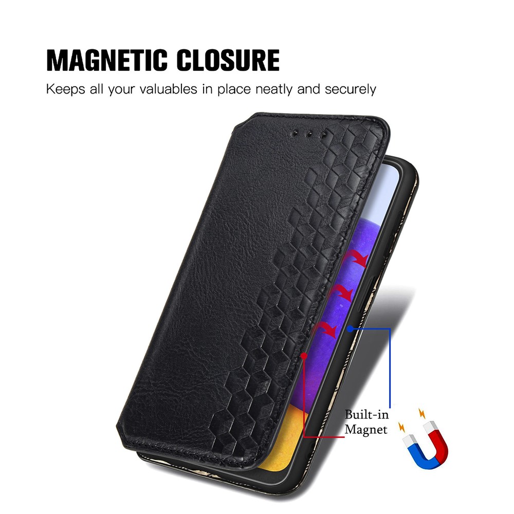 Auto-Absorbed Rhombus Imprinting Leather Phone Cover Case for Samsung Galaxy A22 4G (EU Version) - Black-5