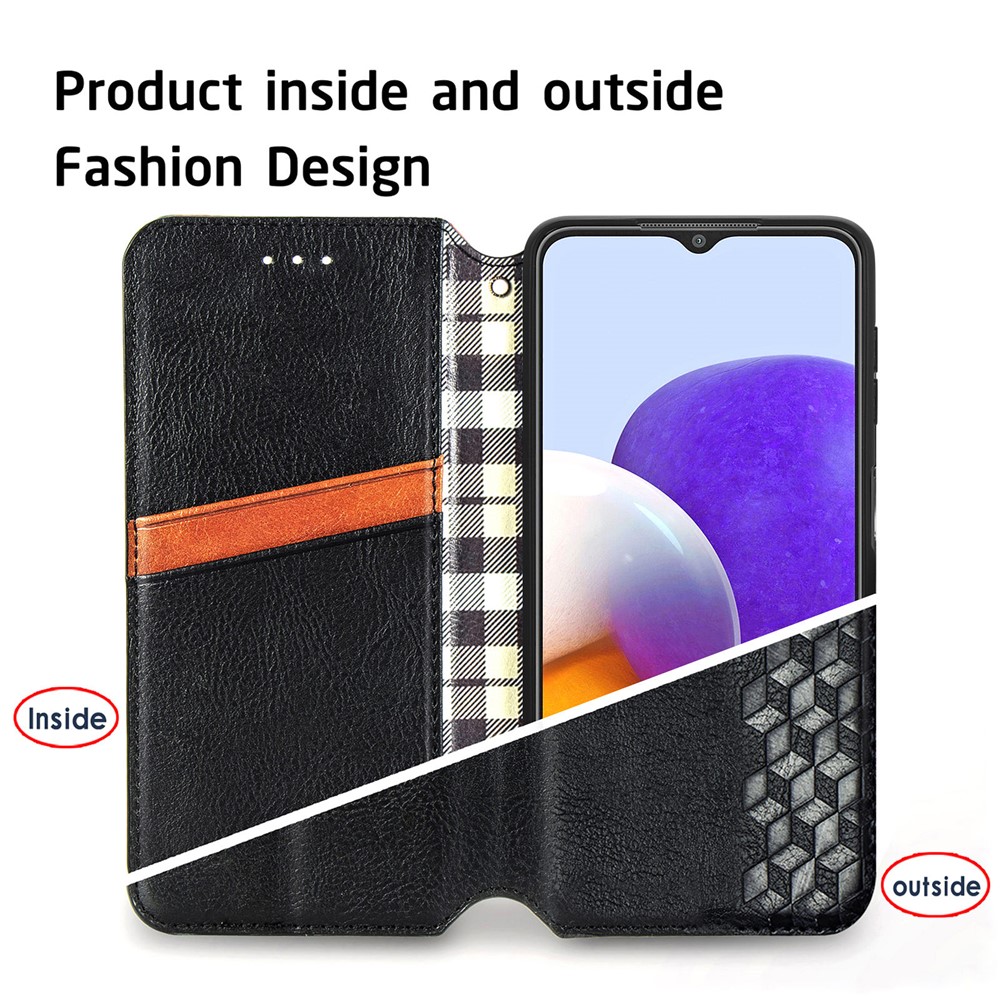 Auto-Absorbed Rhombus Imprinting Leather Phone Cover Case for Samsung Galaxy A22 4G (EU Version) - Black-6