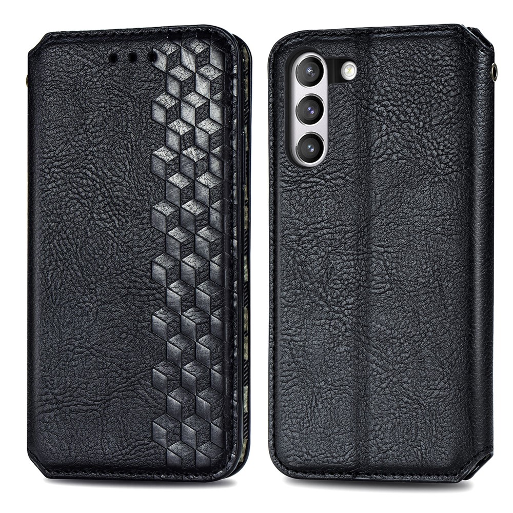Fashionable Auto-absorbed Rhombus Texture PU Leather Wallet Phone Cover for Samsung Galaxy S21 FE - Black-1