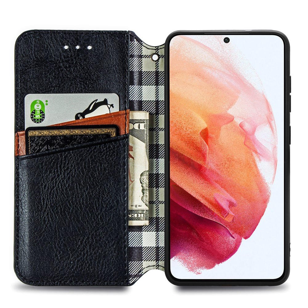 Fashionable Auto-absorbed Rhombus Texture PU Leather Wallet Phone Cover for Samsung Galaxy S21 FE - Black-12