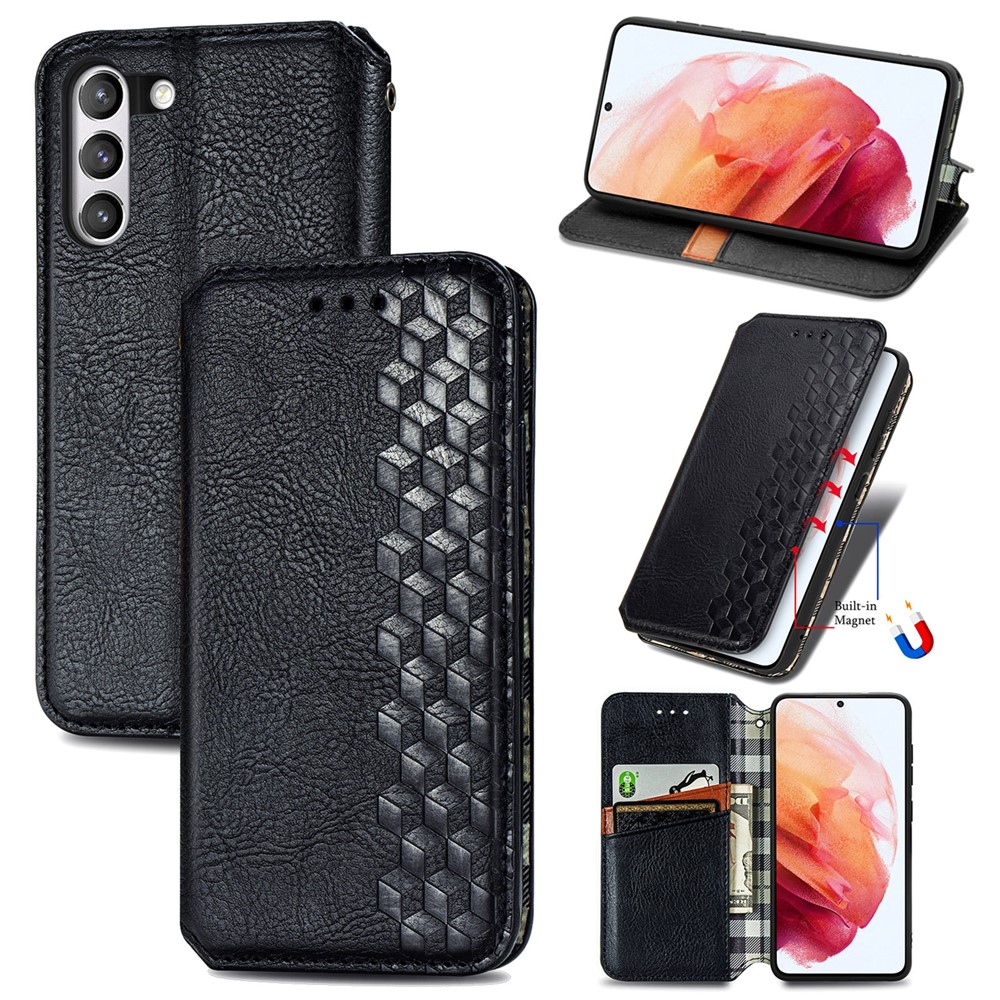 Fashionable Auto-absorbed Rhombus Texture PU Leather Wallet Phone Cover for Samsung Galaxy S21 FE - Black-13
