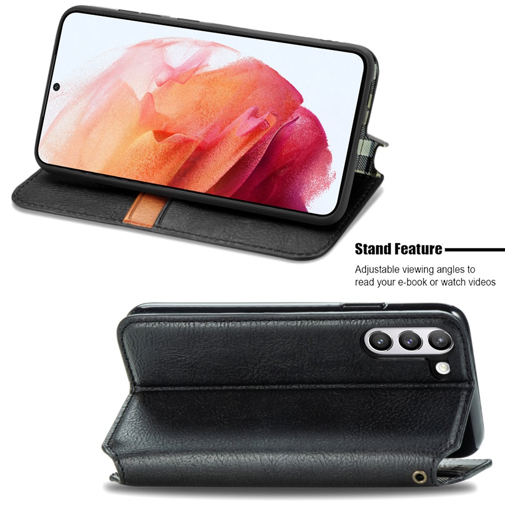 Fashionable Auto-absorbed Rhombus Texture PU Leather Wallet Phone Cover for Samsung Galaxy S21 FE - Black-3