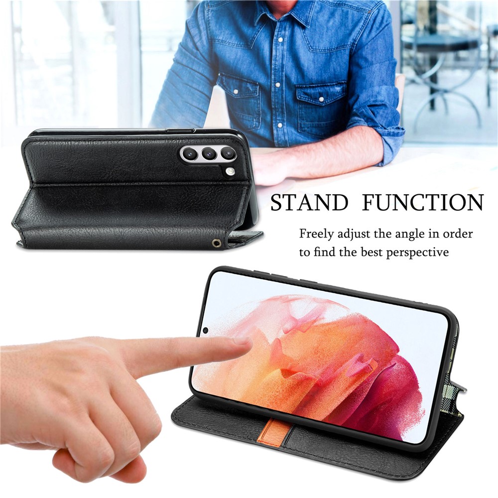 Fashionable Auto-absorbed Rhombus Texture PU Leather Wallet Phone Cover for Samsung Galaxy S21 FE - Black-4