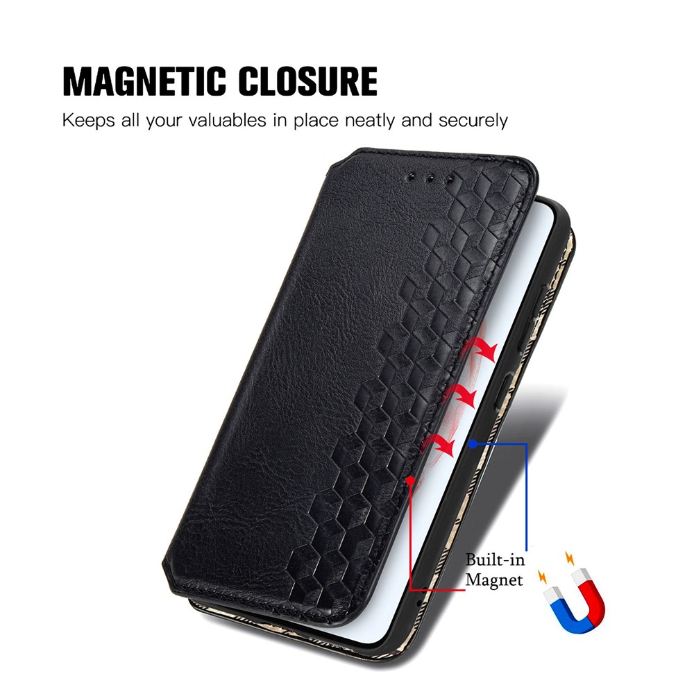 Fashionable Auto-absorbed Rhombus Texture PU Leather Wallet Phone Cover for Samsung Galaxy S21 FE - Black-6