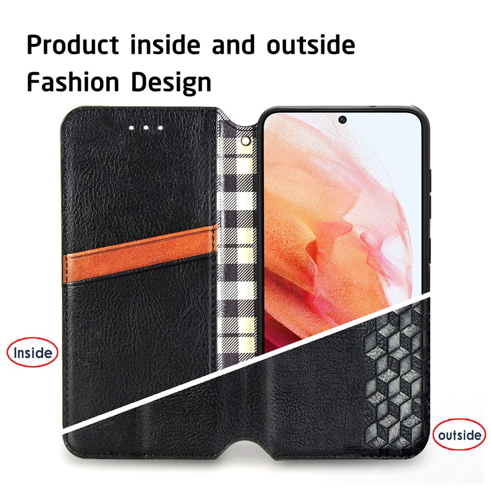 Fashionable Auto-absorbed Rhombus Texture PU Leather Wallet Phone Cover for Samsung Galaxy S21 FE - Black-7