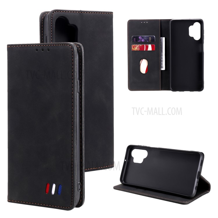 Tri-colored Ornament Decor Wallet Design Phone Cover Case for Samsung Galaxy A32 5G - Black-10