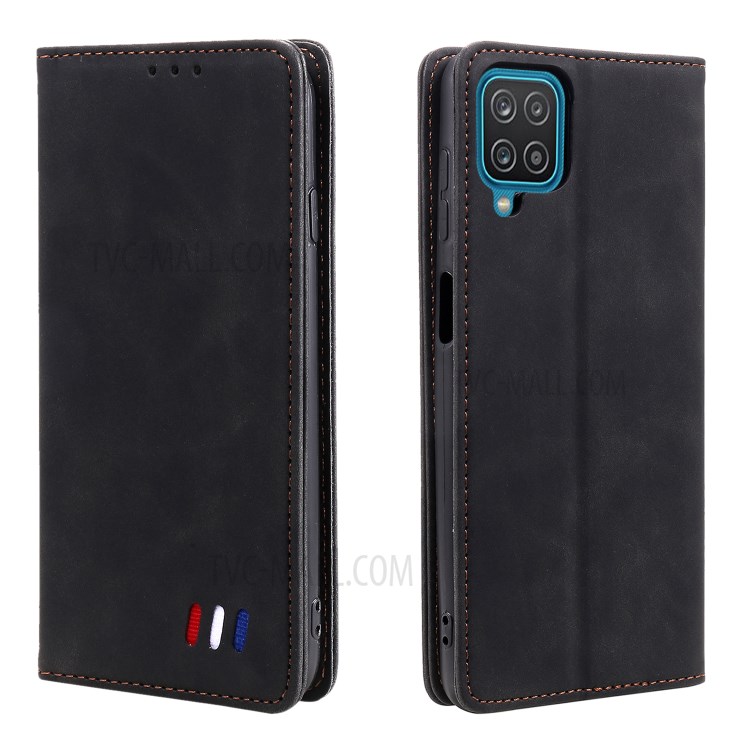 Tri-color Decor Leather Magnetic Auto-absorbed Skin-touch Feeling Phone Wallet Shell Case for Samsung Galaxy A12 - Black-1