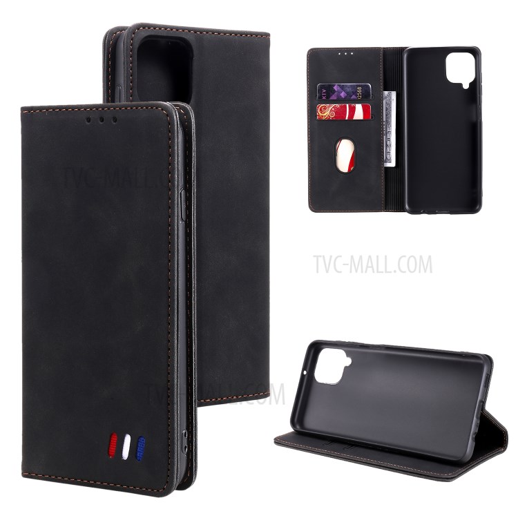Tri-color Decor Leather Magnetic Auto-absorbed Skin-touch Feeling Phone Wallet Shell Case for Samsung Galaxy A12 - Black-10