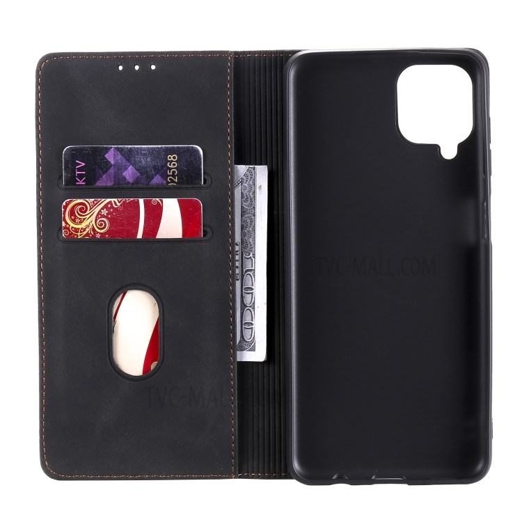 Tri-color Decor Leather Magnetic Auto-absorbed Skin-touch Feeling Phone Wallet Shell Case for Samsung Galaxy A12 - Black-4