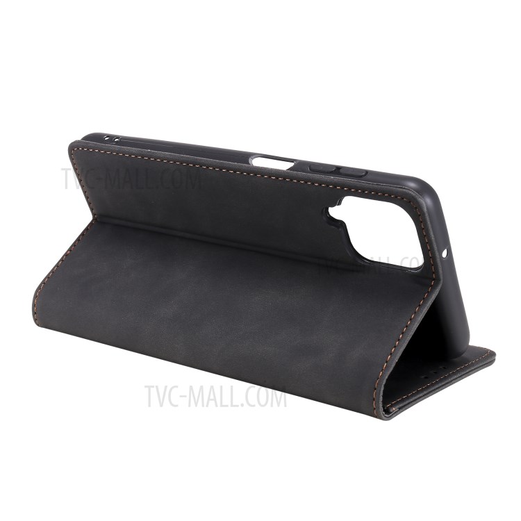Tri-color Decor Leather Magnetic Auto-absorbed Skin-touch Feeling Phone Wallet Shell Case for Samsung Galaxy A12 - Black-5