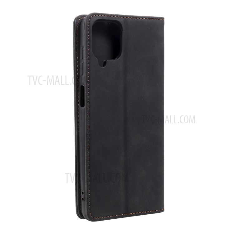 Tri-color Decor Leather Magnetic Auto-absorbed Skin-touch Feeling Phone Wallet Shell Case for Samsung Galaxy A12 - Black-7
