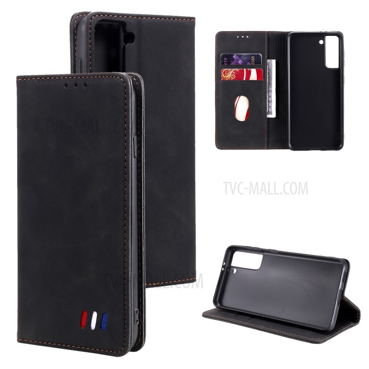 Tri-color Decor Design Auto-absorbed Skin-touch Feeling Leather Cell Phone Wallet Case Cover for Samsung Galaxy S21 5G - Black-10