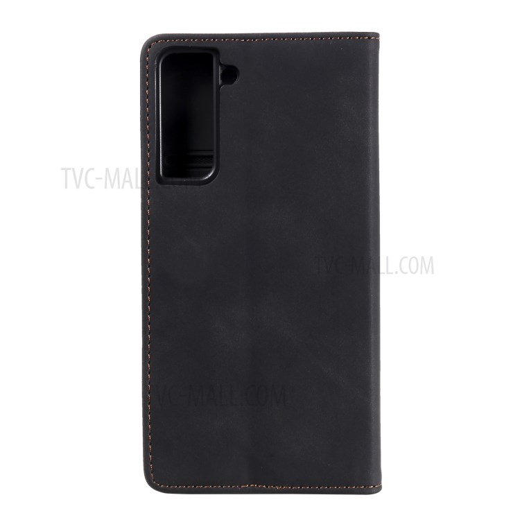 Tri-color Decor Design Auto-absorbed Skin-touch Feeling Leather Cell Phone Wallet Case Cover for Samsung Galaxy S21 5G - Black-3
