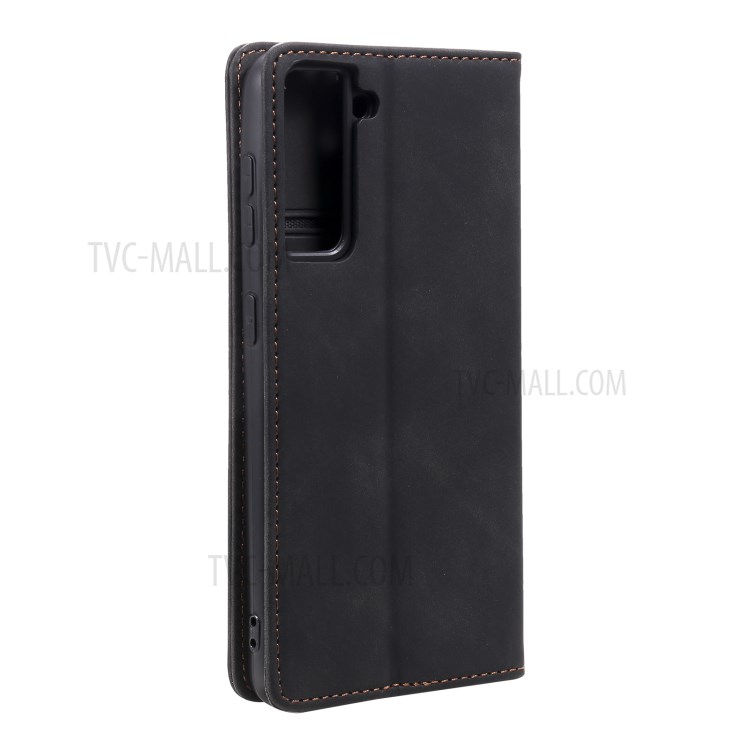 Tri-color Decor Design Auto-absorbed Skin-touch Feeling Leather Cell Phone Wallet Case Cover for Samsung Galaxy S21 5G - Black-7