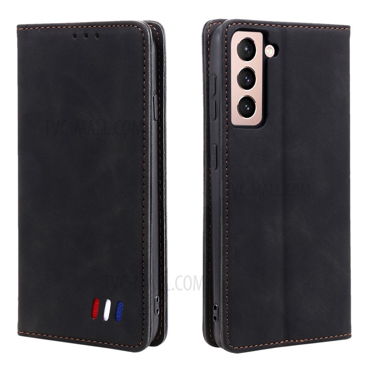 Tri-color Decor Wallet Leather Case Skin-touch Feeling Mobile Phone Stand Cover for Samsung Galaxy S21+ 5G - Black-1