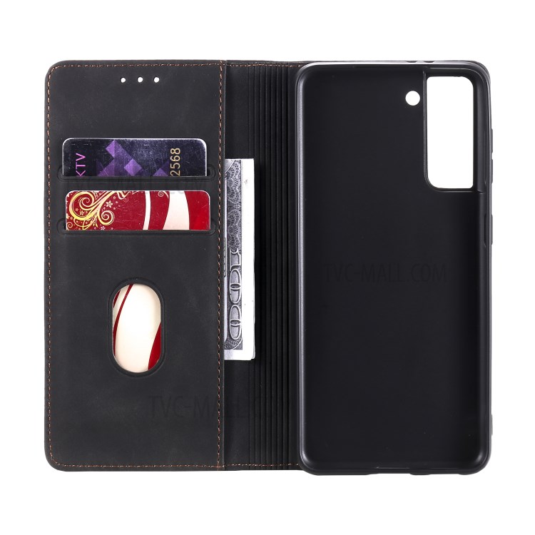 Tri-color Decor Wallet Leather Case Skin-touch Feeling Mobile Phone Stand Cover for Samsung Galaxy S21+ 5G - Black-4