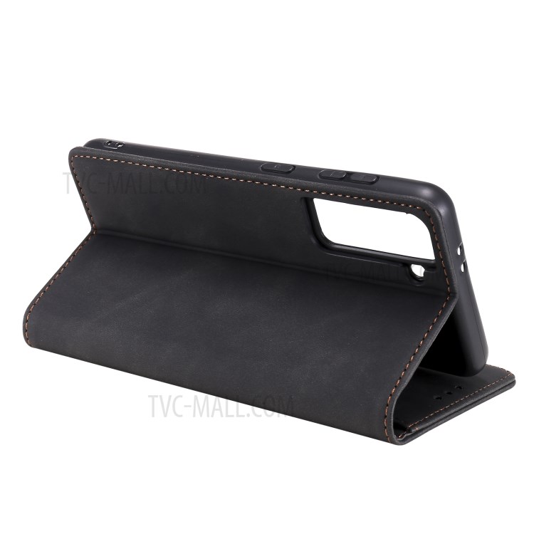 Tri-color Decor Wallet Leather Case Skin-touch Feeling Mobile Phone Stand Cover for Samsung Galaxy S21+ 5G - Black-5
